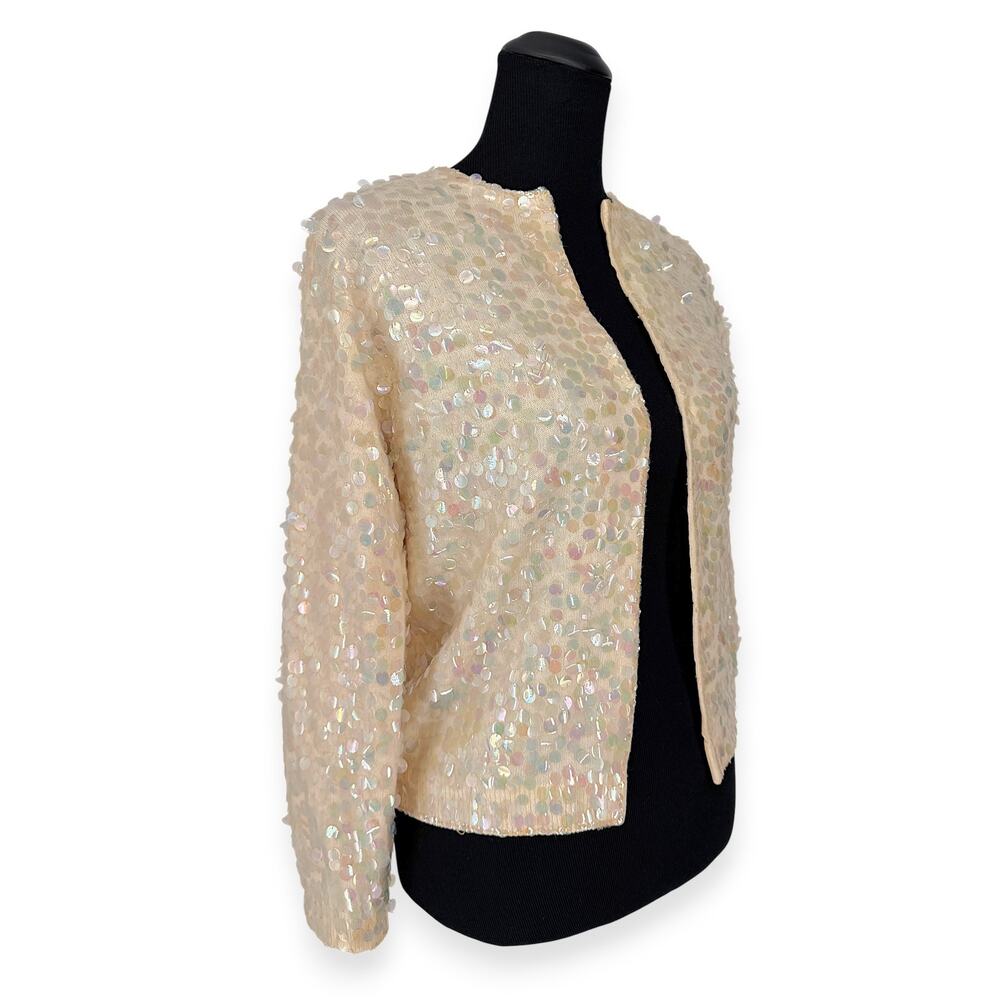 S VINTAGE 60s Cream Sequin Disc Cardigan Sweater Mid Century Hollywood Glamour